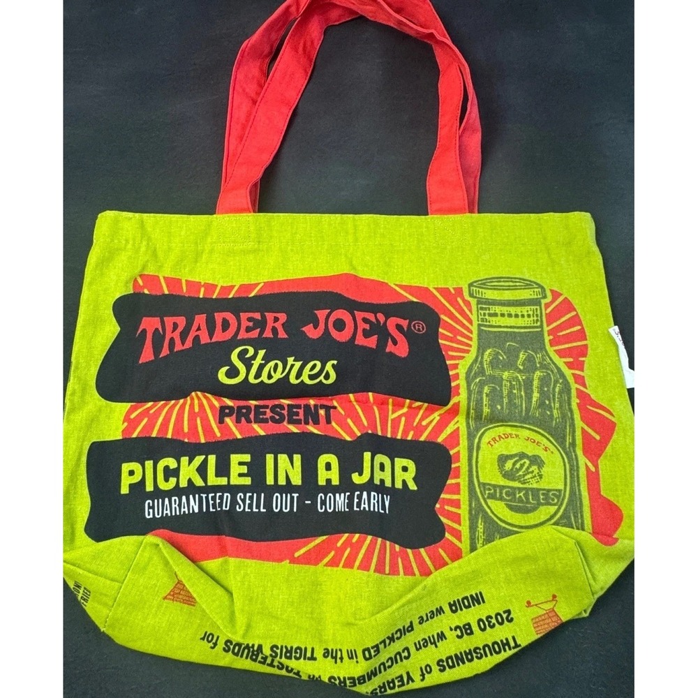 Trader Joes Pickle Tote Bag Green Red Canvas Grocery Shopping Reusable Eco Bag